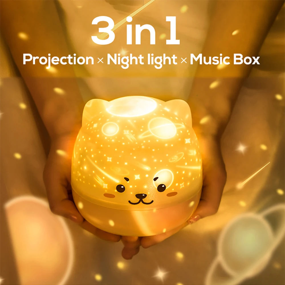 Cute Bear Music Box Night Light Rotatable Bedside Lamp Kids Gifts USB Rechargeable