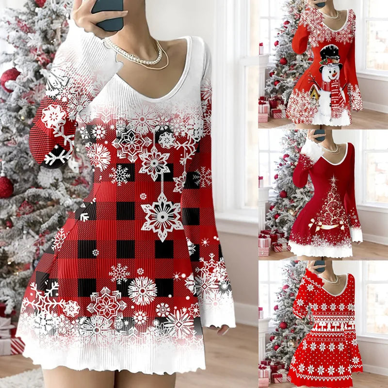 Fashion Christmas Dress For Women Casual Print Long Sleeve