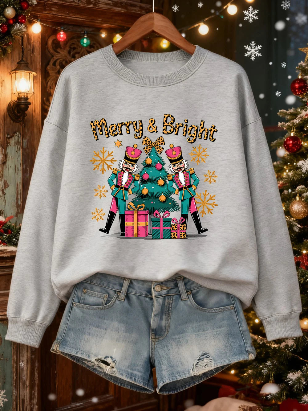 Merry Bright Christmas Gifts Prints Sweatshirt Women Crewneck Casual Hoodie