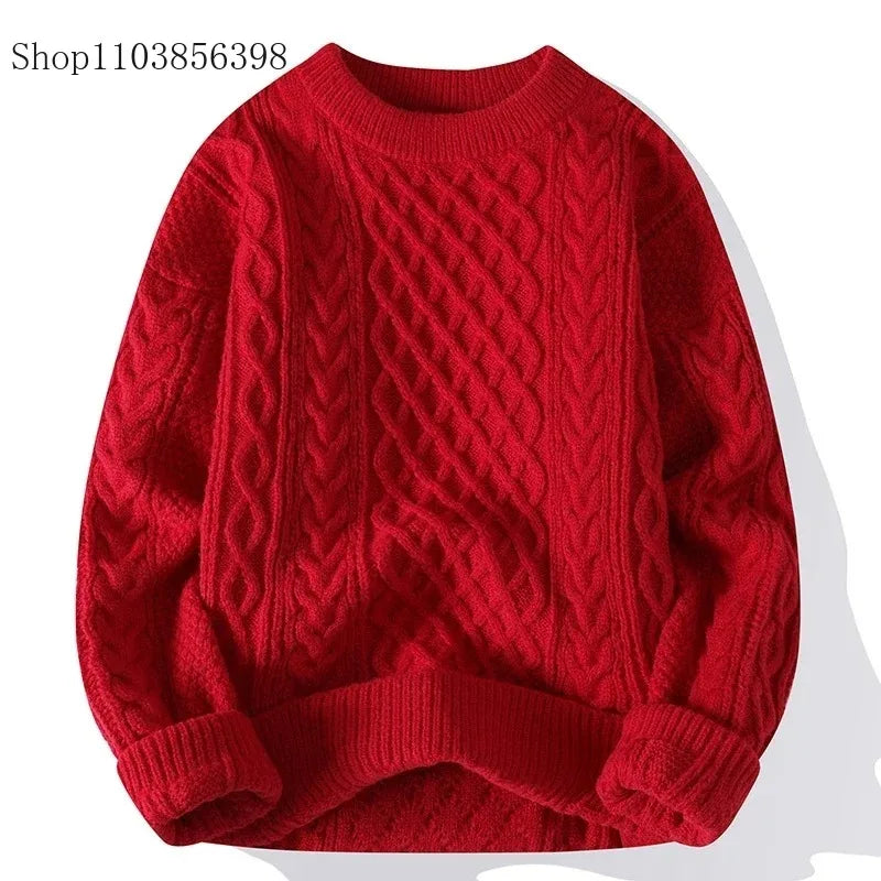 Men's Autumn Winter Round Neck Red Sweater Man Loose Casual Knitted Top