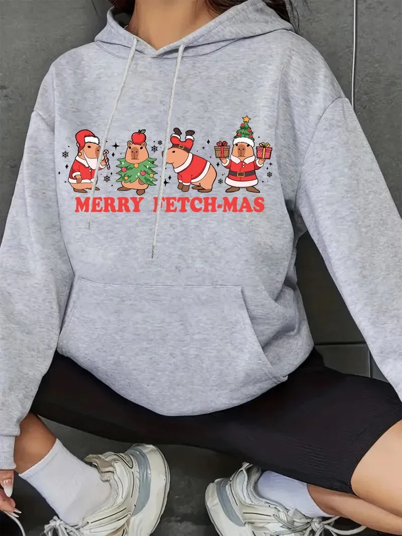 Woman Clothe Merry Christmas Hoodie Cute Capybara Cartoon