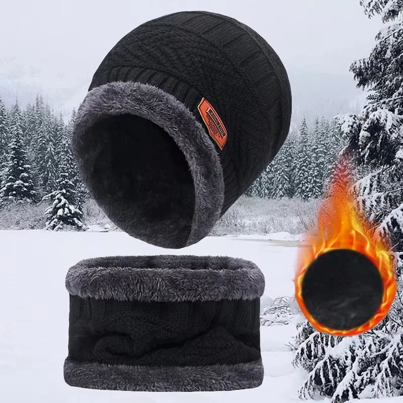 Winter Hat For Men Fleece Scarf Women Neck Leather Knitted Cap Thick Wool Neck Warmer