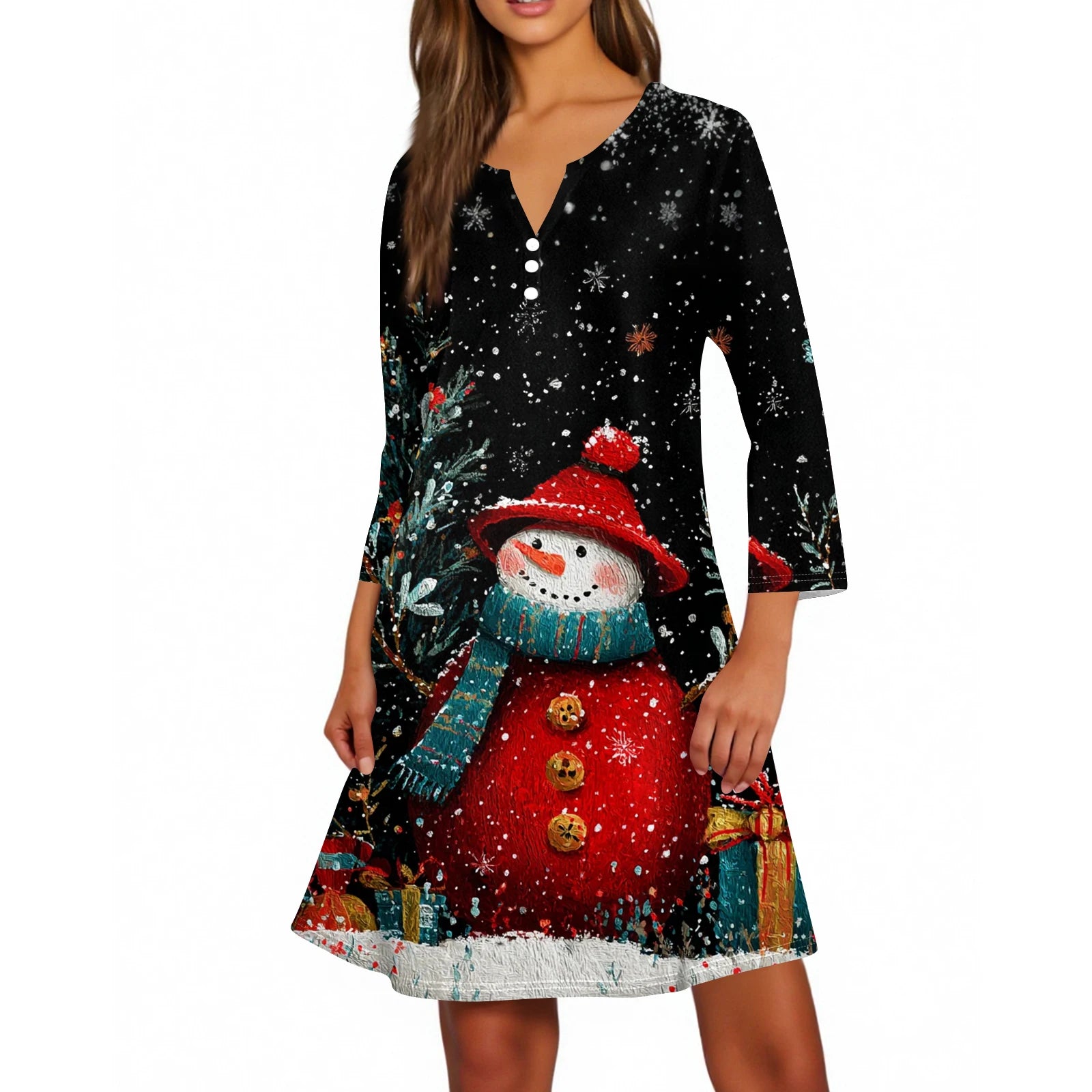 Christmas Women Cute Snowman Printed Dress Spring Autumn Lady's Casual Loose V-neck