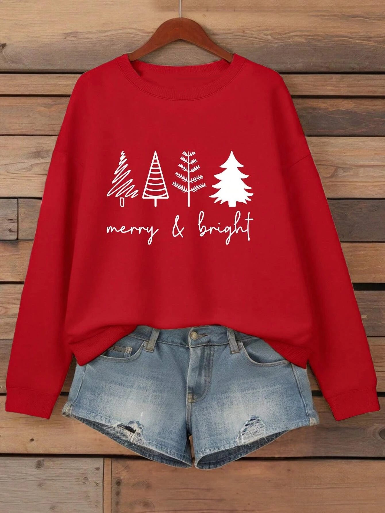 Merry Bright Christmas Tree Printing Women Sweatshirt Hip Hop Clothes