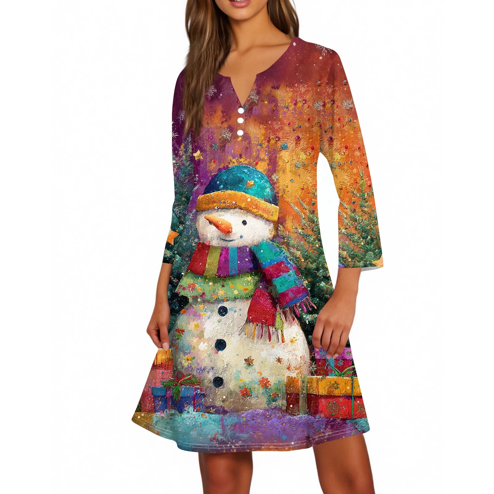 Christmas Women Cute Snowman Printed Dress Spring Autumn Lady's Casual Loose V-neck