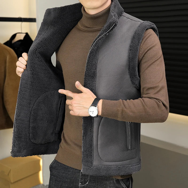 Winter Lamb Wool Vests Men Warm Coat Fashion Casual Thick Stand Collar