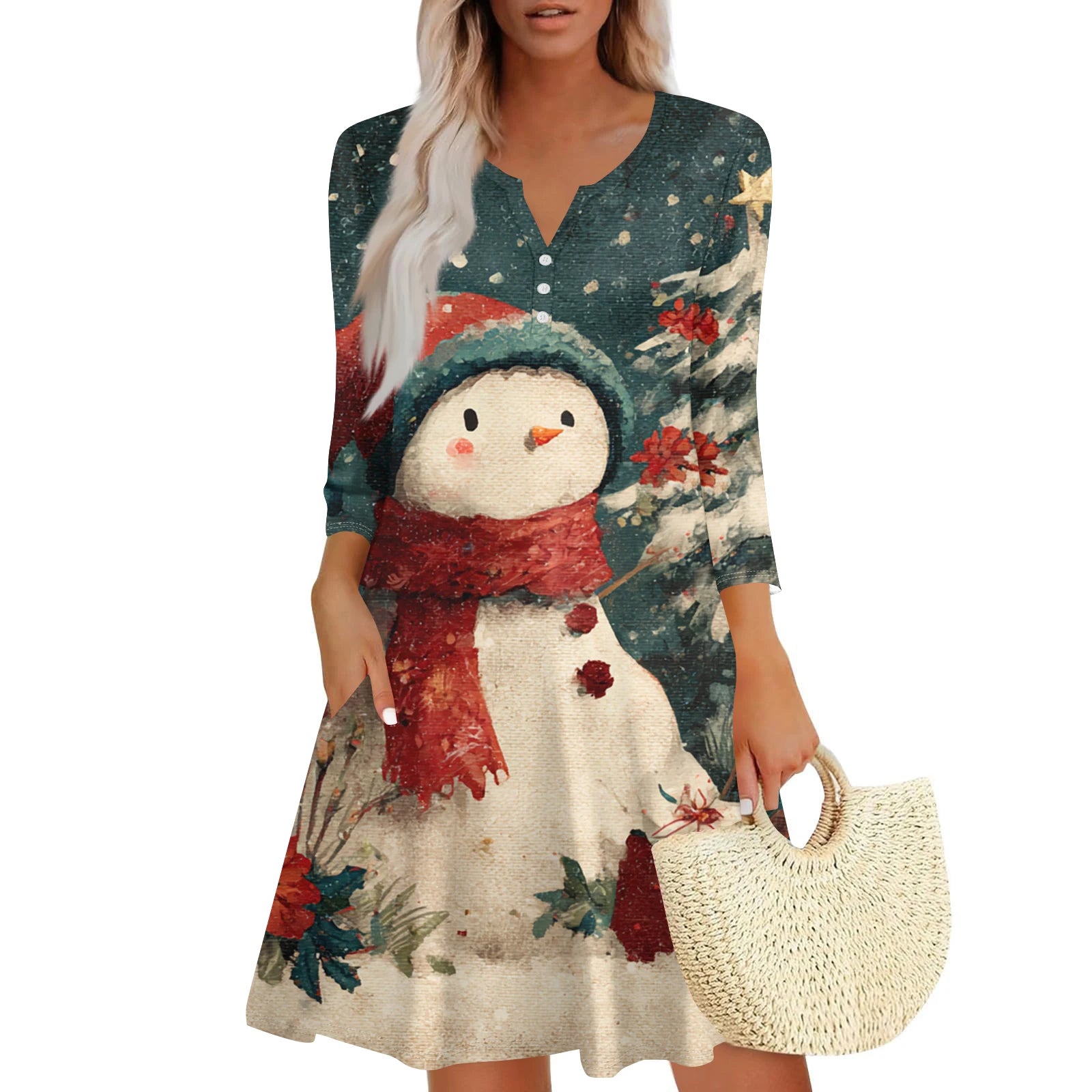 Christmas Women Cute Snowman Printed Dress Spring Autumn Lady's Casual Loose V-neck