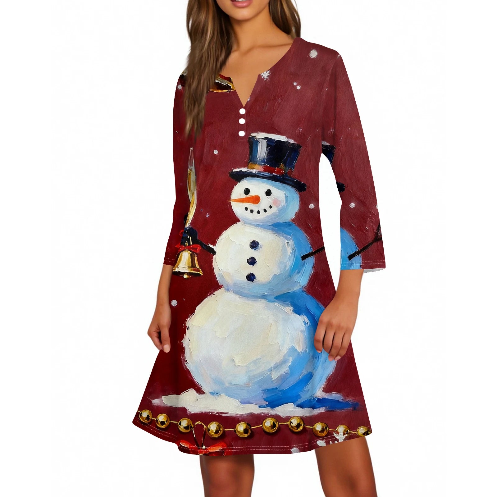 Christmas Women Cute Snowman Printed Dress Spring Autumn Lady's Casual Loose V-neck