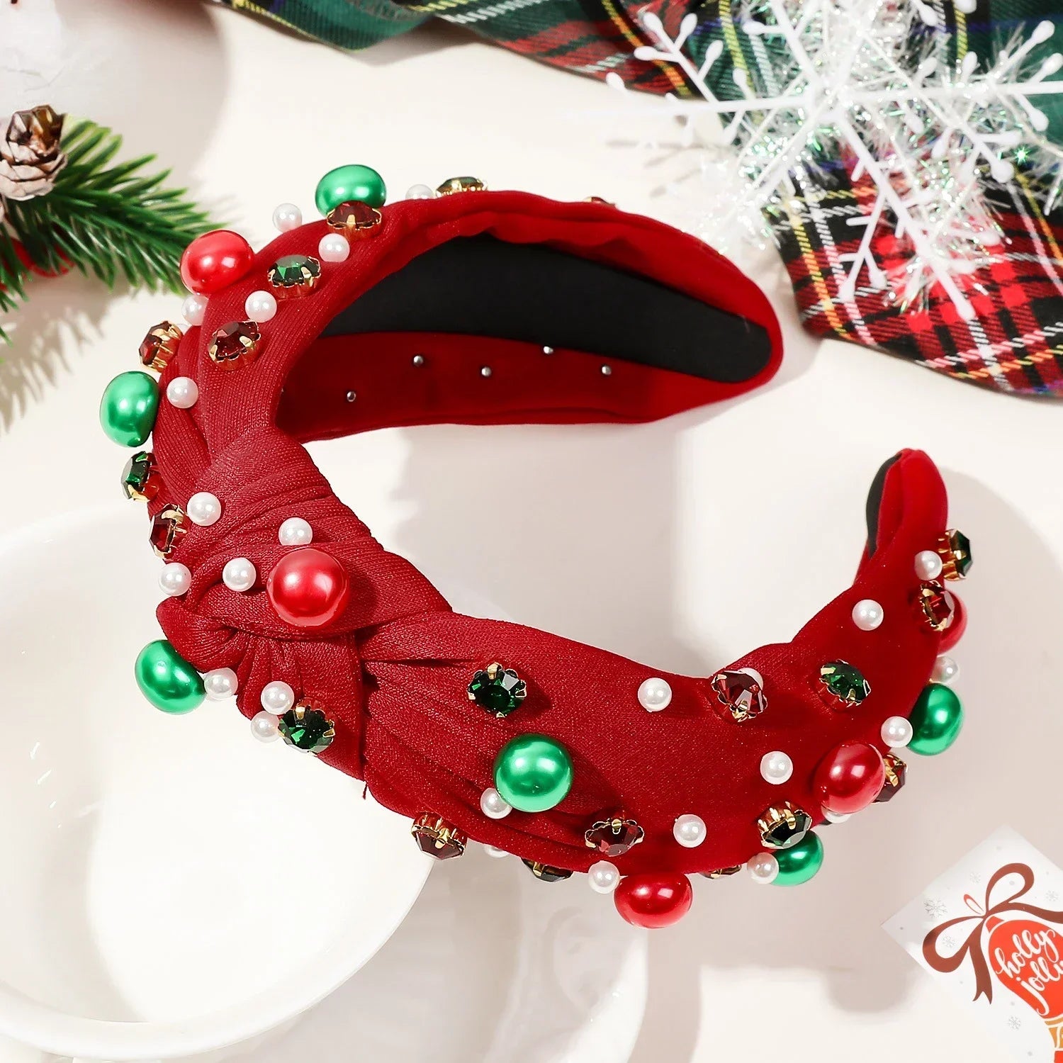Women Christmas Beaded Xmas Bow Tree Snowflake Knotted Headband