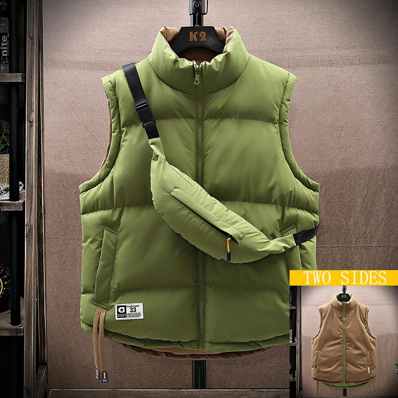 Men Winter Vest With Bag Casual Warm Stand Collar