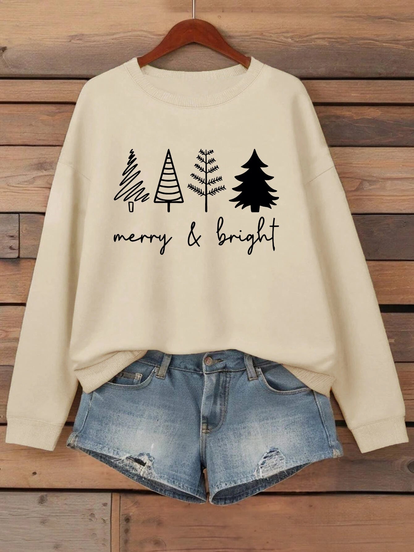 Merry Bright Christmas Tree Printing Women Sweatshirt Hip Hop Clothes