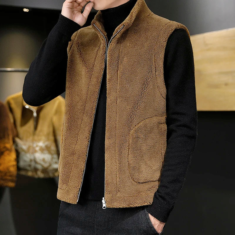 Winter Lamb Wool Vests Men Warm Coat Fashion Casual Thick Stand Collar
