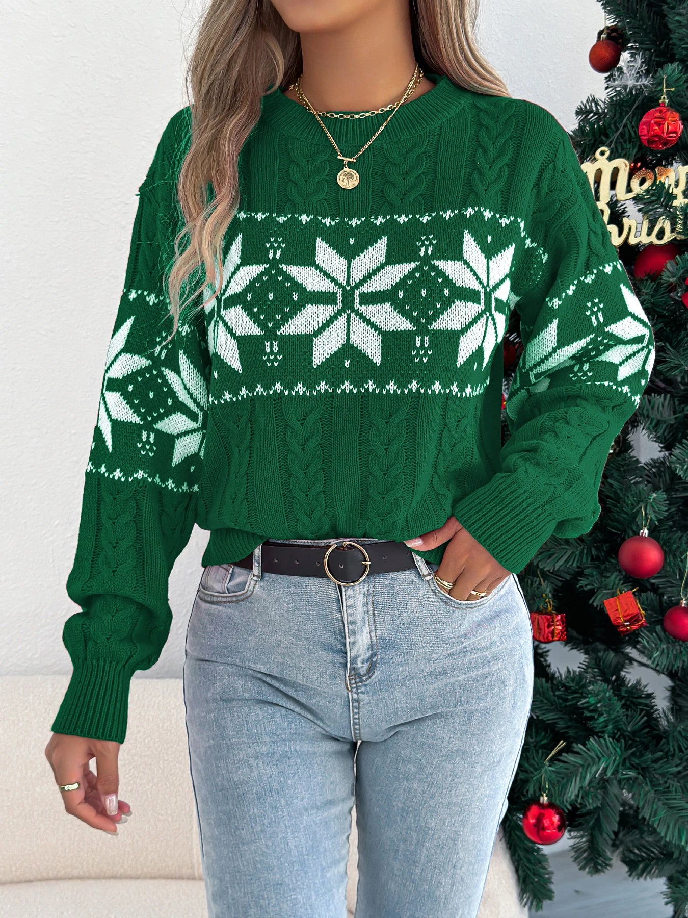 Christmas Woman Sweater Autumn Winter Casual Contrast Color Snowflake
