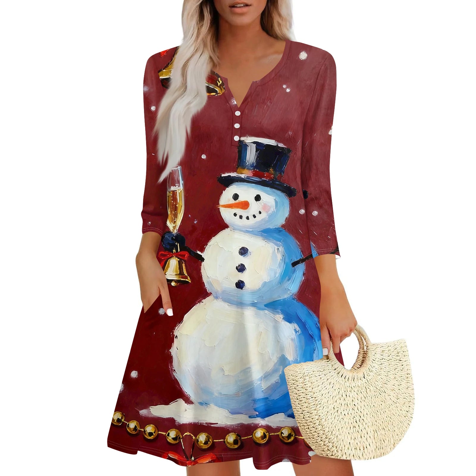 Christmas Women Cute Snowman Printed Dress Spring Autumn Lady's Casual Loose V-neck