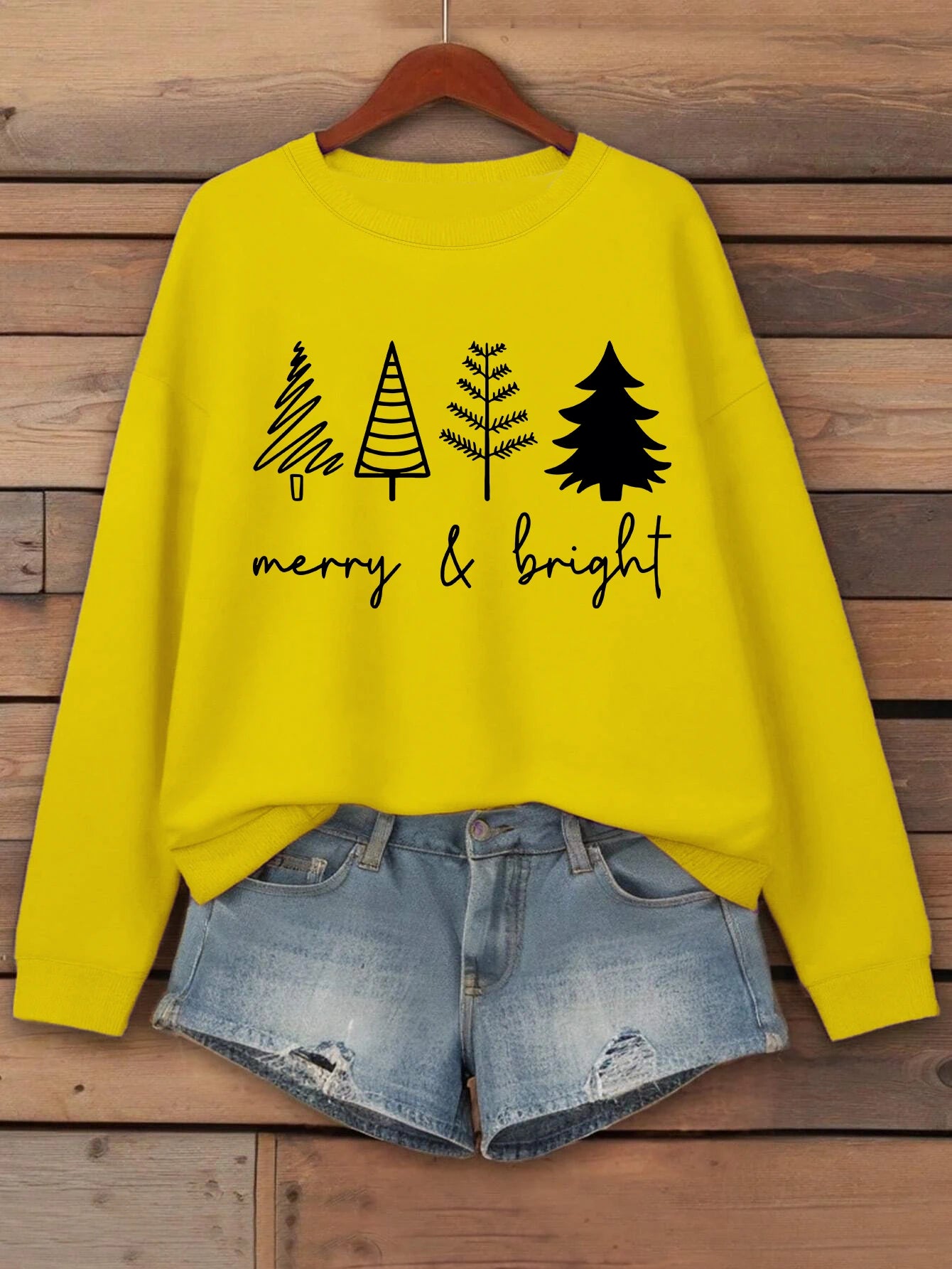 Merry Bright Christmas Tree Printing Women Sweatshirt Hip Hop Clothes