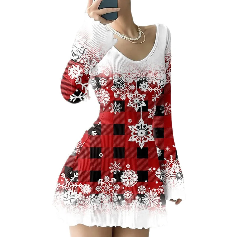 Fashion Christmas Dress For Women Casual Print Long Sleeve