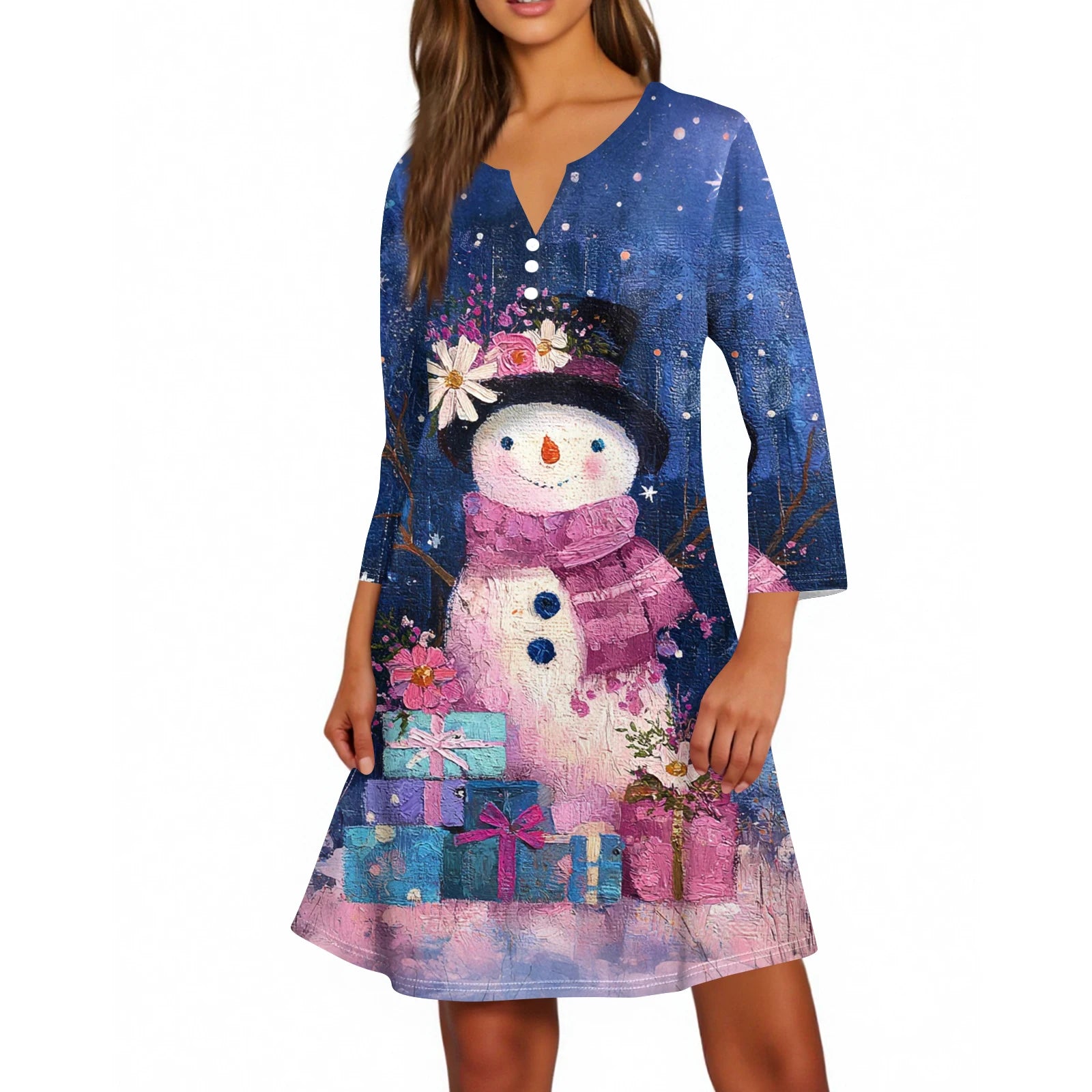 Christmas Women Cute Snowman Printed Dress Spring Autumn Lady's Casual Loose V-neck