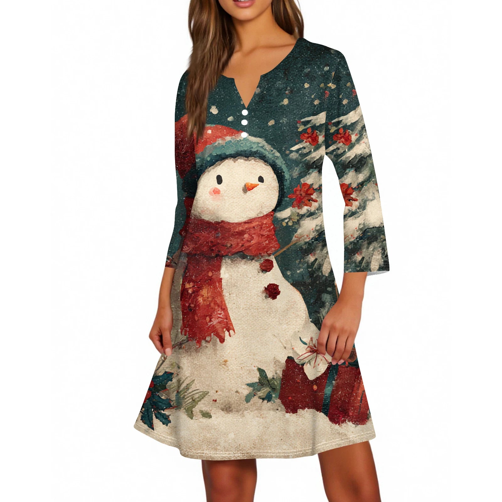 Christmas Women Cute Snowman Printed Dress Spring Autumn Lady's Casual Loose V-neck