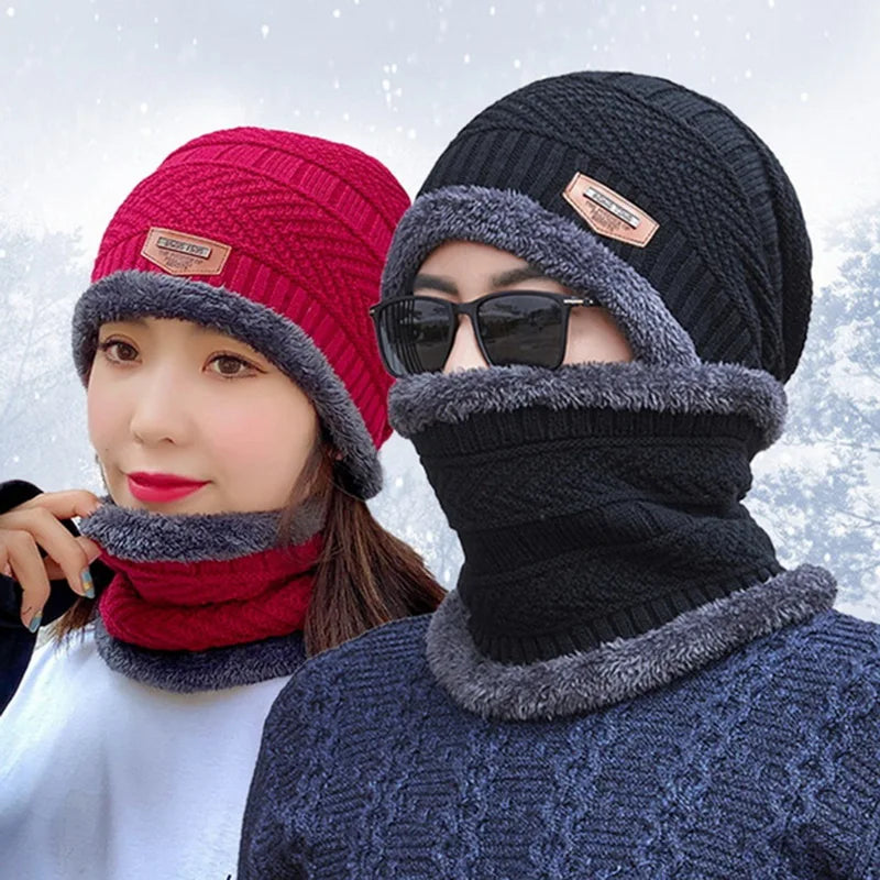 Winter Hat For Men Fleece Scarf Women Neck Leather Knitted Cap Thick Wool Neck Warmer
