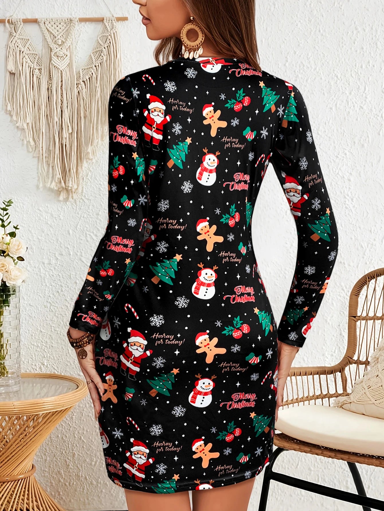 Women's Christmas - Themed Long - Sleeve Mini Dress