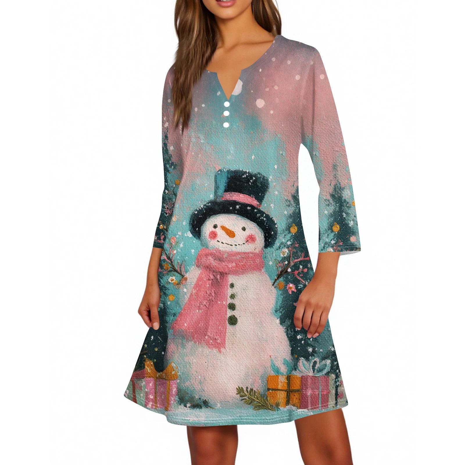 Christmas Women Cute Snowman Printed Dress Spring Autumn Lady's Casual Loose V-neck