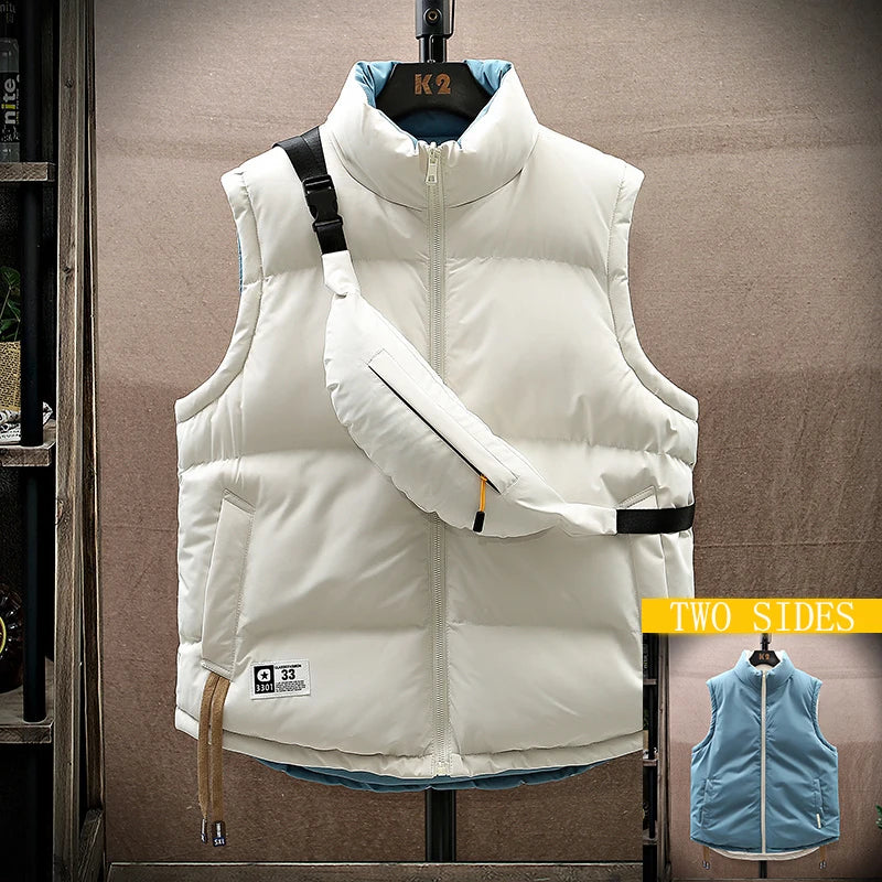 Men Winter Vest With Bag Casual Warm Stand Collar