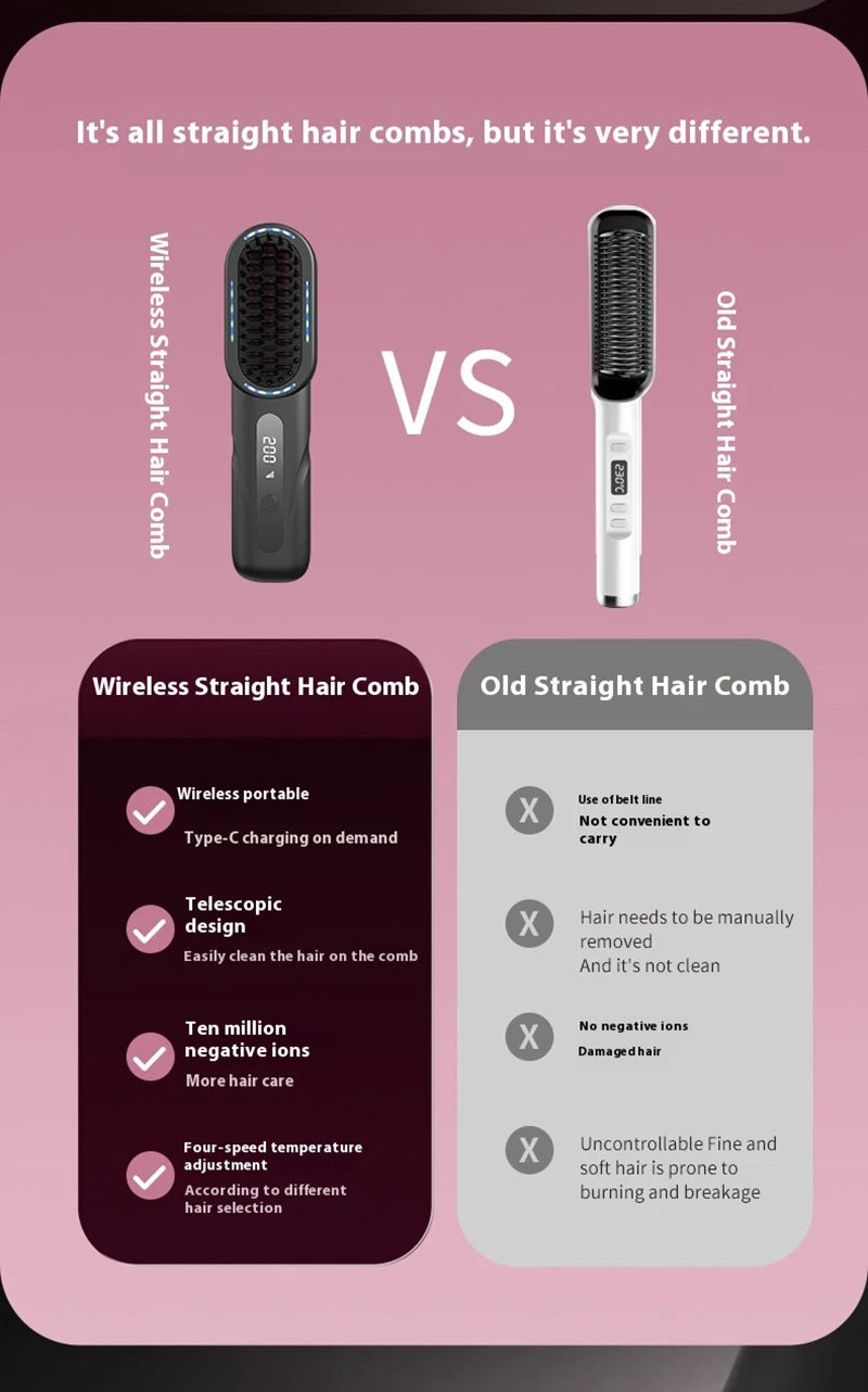 Wireless Straight Curling Hair Comb Heating