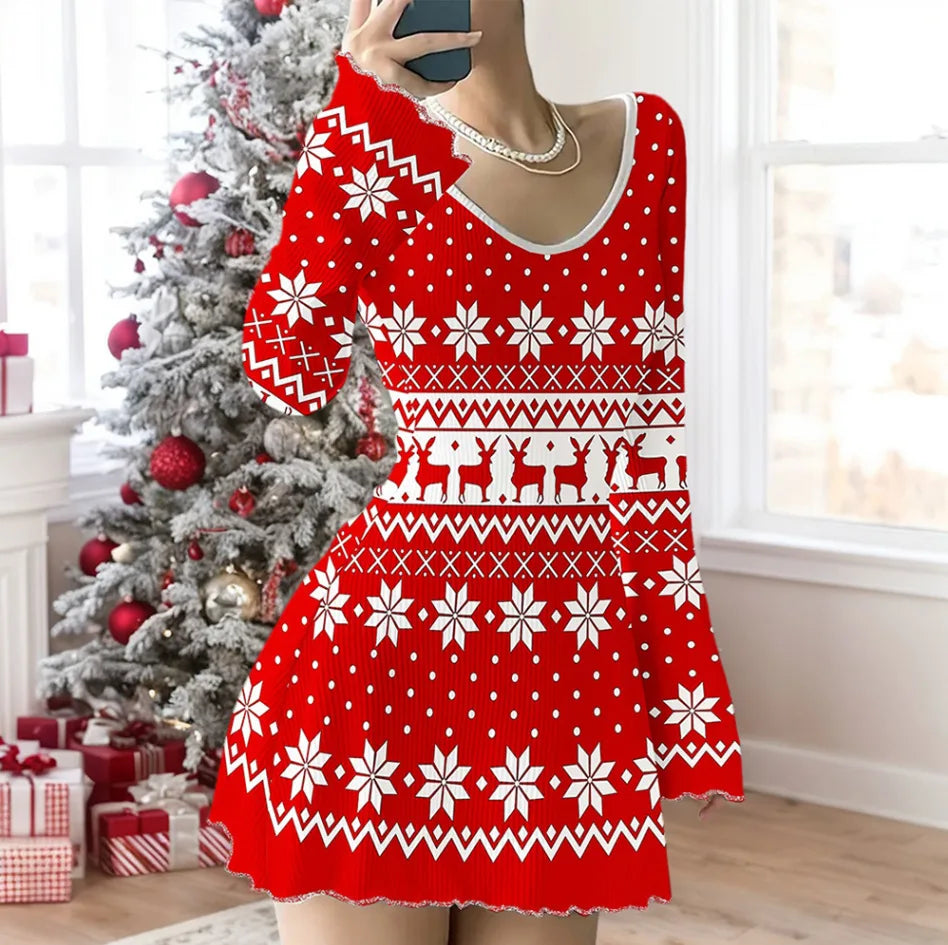 Fashion Christmas Dress For Women Casual Print Long Sleeve