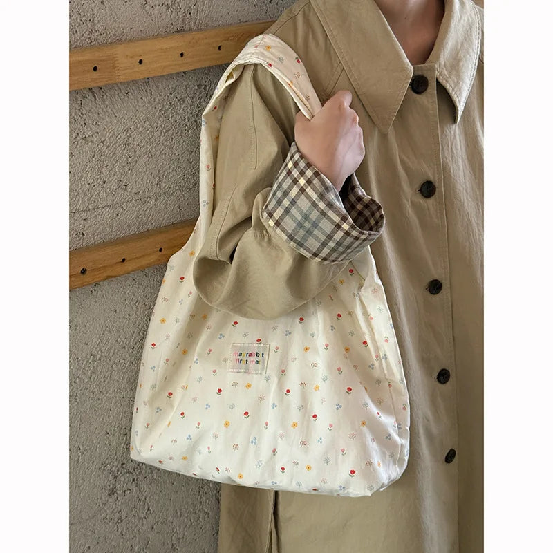 Women's Tote Bags Korean Floral Sweet Fashionable Versatile Canvas Bags