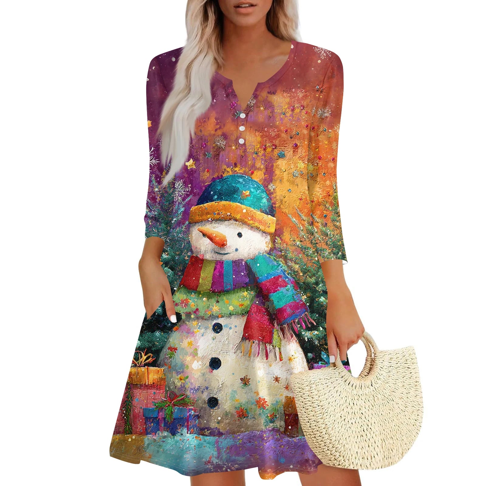 Christmas Women Cute Snowman Printed Dress Spring Autumn Lady's Casual Loose V-neck
