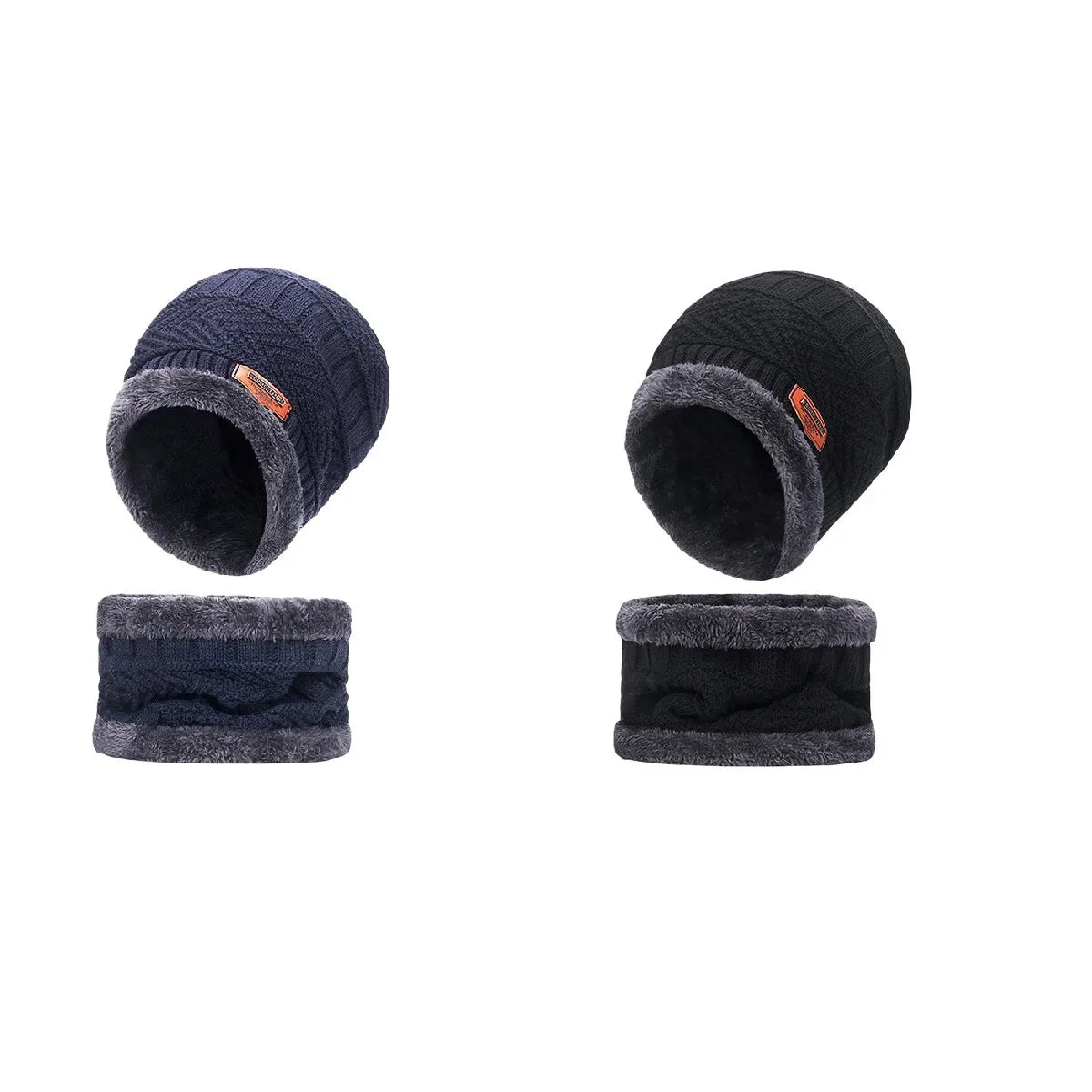 Winter Hat For Men Fleece Scarf Women Neck Leather Knitted Cap Thick Wool Neck Warmer