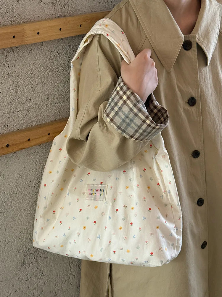 Women's Tote Bags Korean Floral Sweet Fashionable Versatile Canvas Bags