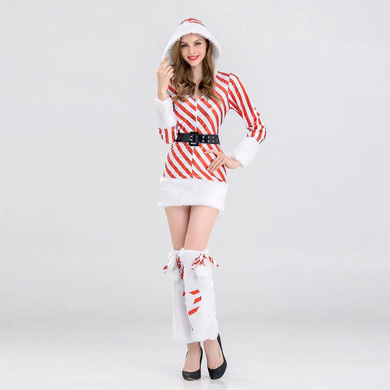 New Women Christmas Hooded Dress 3Pcs Up Winter Velvet Striped Mrs Claus Santa