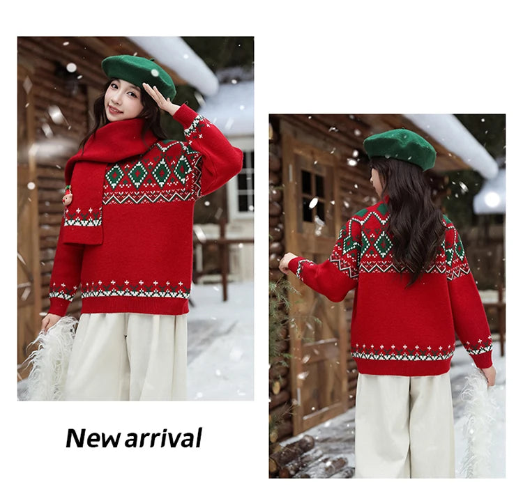 Elegant Girls Christmas Sweater with Scarf For Child New Year Knitted Clothing for Babies Kids