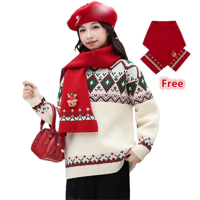 Elegant Girls Christmas Sweater with Scarf For Child New Year Knitted Clothing for Babies Kids