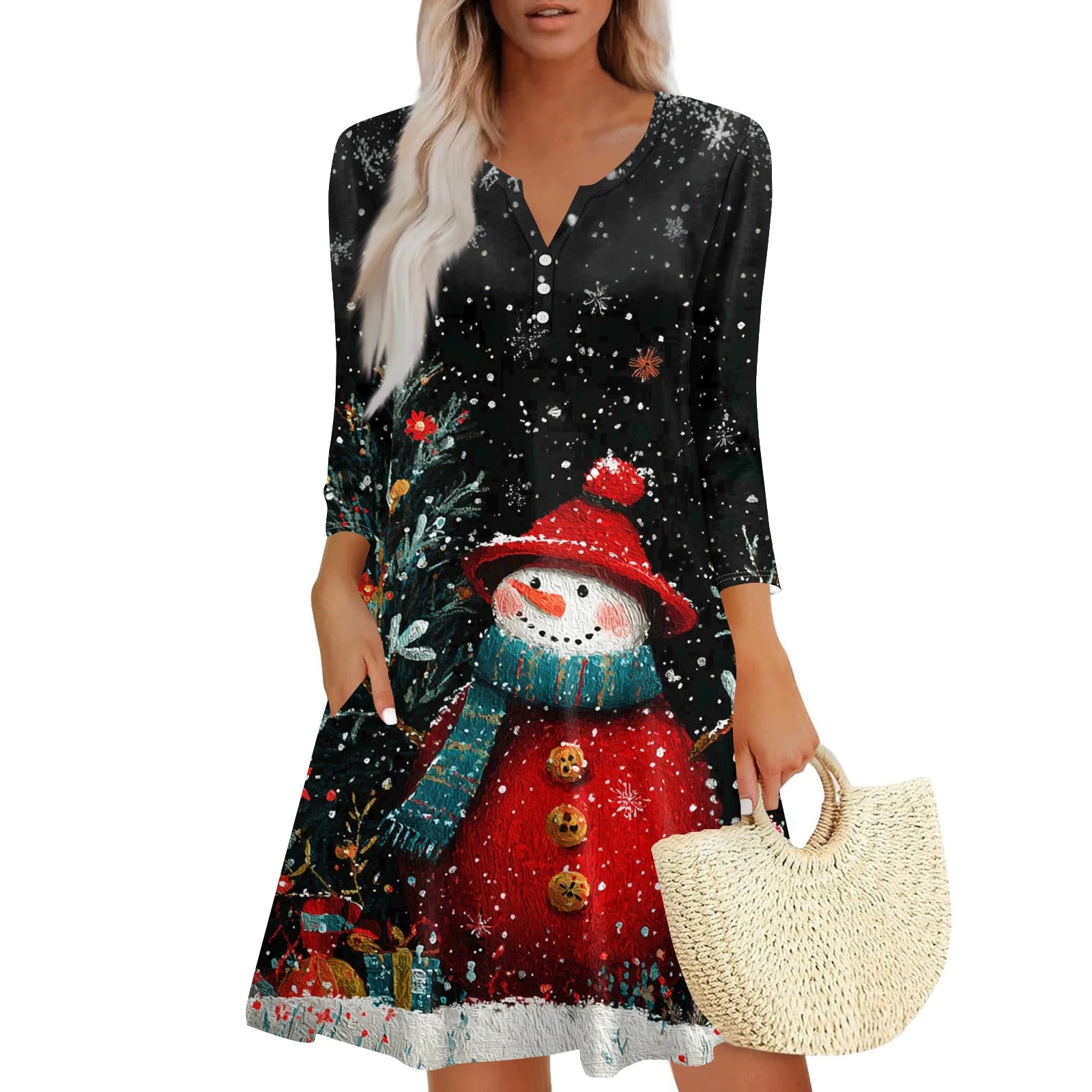 Christmas Women Cute Snowman Printed Dress Spring Autumn Lady's Casual Loose V-neck