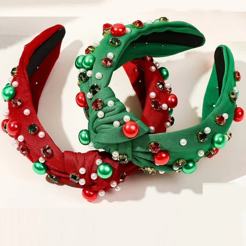 Women Christmas Beaded Xmas Bow Tree Snowflake Knotted Headband