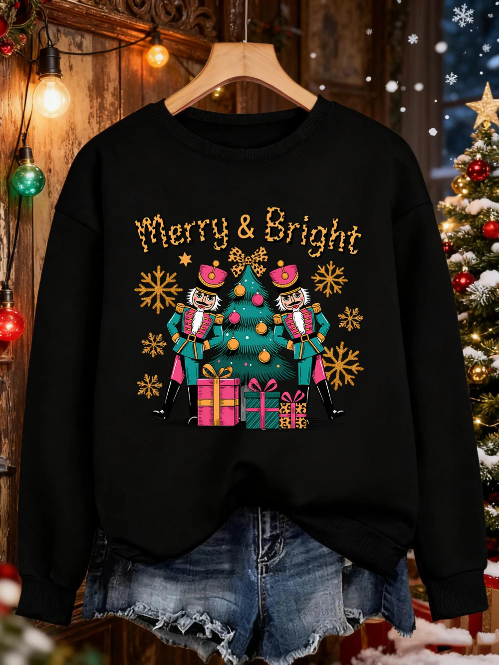 Merry Bright Christmas Gifts Prints Sweatshirt Women Crewneck Casual Hoodie