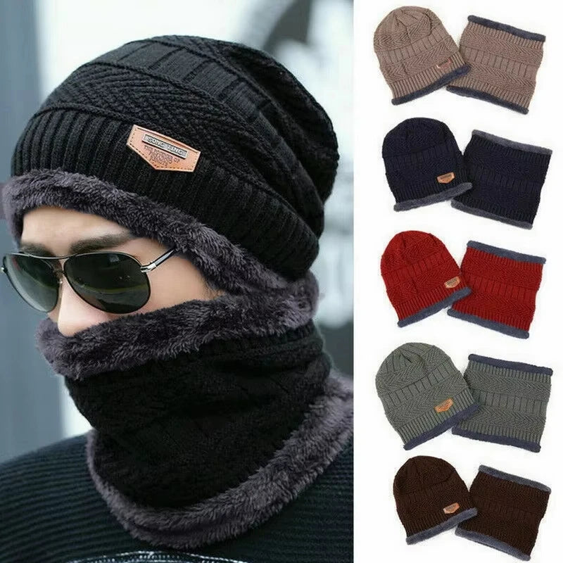 Winter Hat For Men Fleece Scarf Women Neck Leather Knitted Cap Thick Wool Neck Warmer