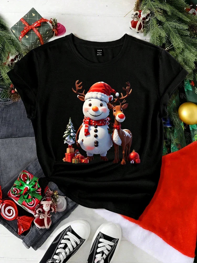 Christmas Women Casual T Shirt Cartoon Snowman Reindeer Christmas Tree