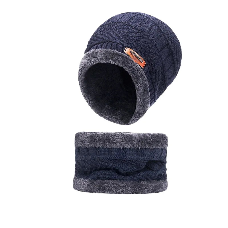 Winter Hat For Men Fleece Scarf Women Neck Leather Knitted Cap Thick Wool Neck Warmer