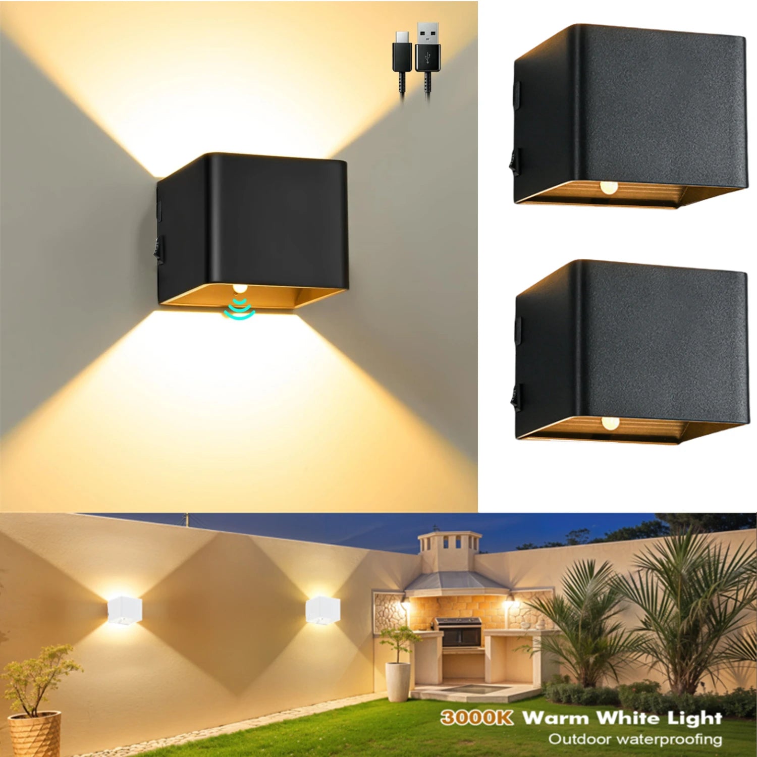 Wiring-Free Rechargeable Wall Lamp 1-Piece Set