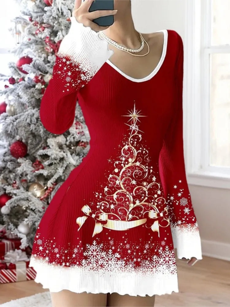 Fashion Christmas Dress For Women Casual Print Long Sleeve