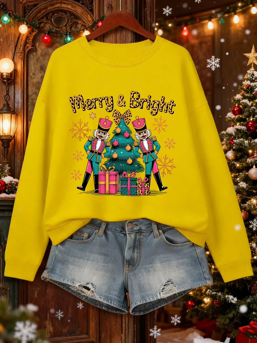 Merry Bright Christmas Gifts Prints Sweatshirt Women Crewneck Casual Hoodie