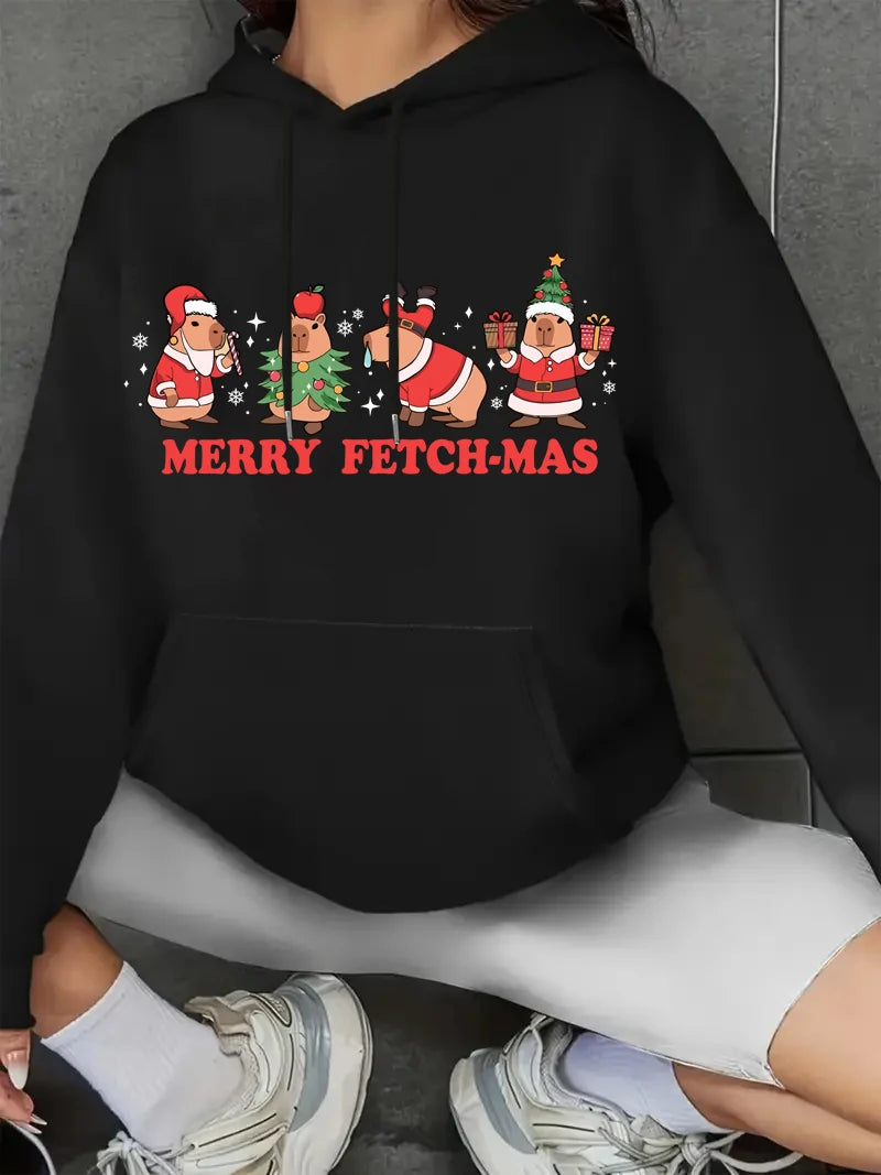 Woman Clothe Merry Christmas Hoodie Cute Capybara Cartoon
