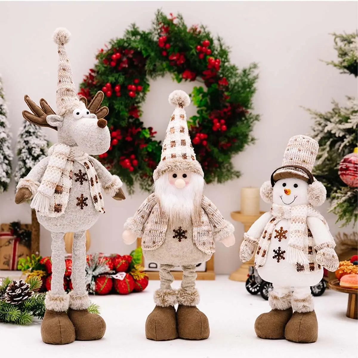 Christmas Decorations Adjustable Extendable Santa Snowman Reindeer Plush Dolls
