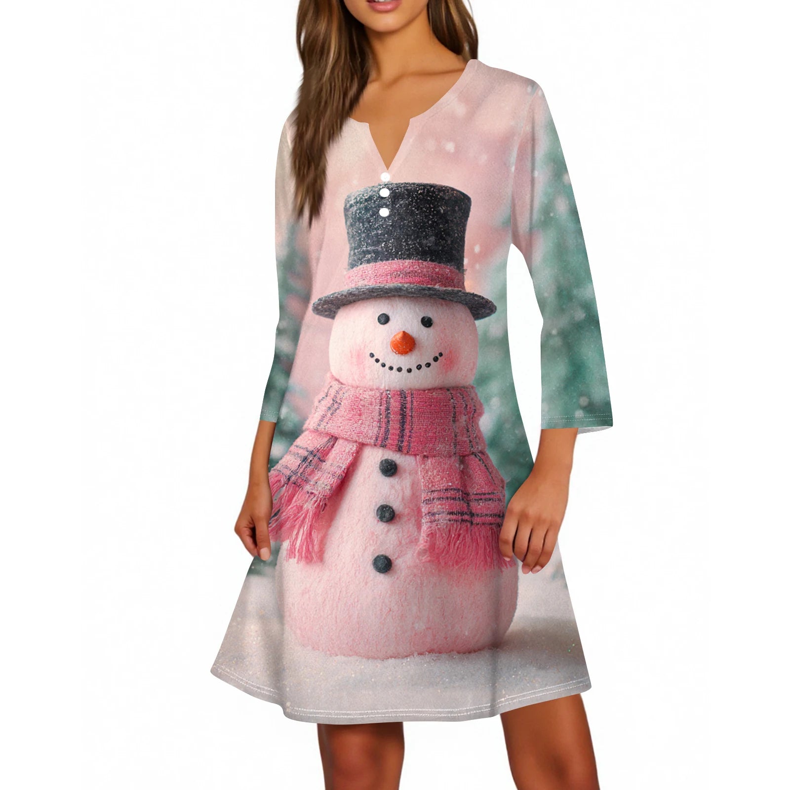 Christmas Women Cute Snowman Printed Dress Spring Autumn Lady's Casual Loose V-neck