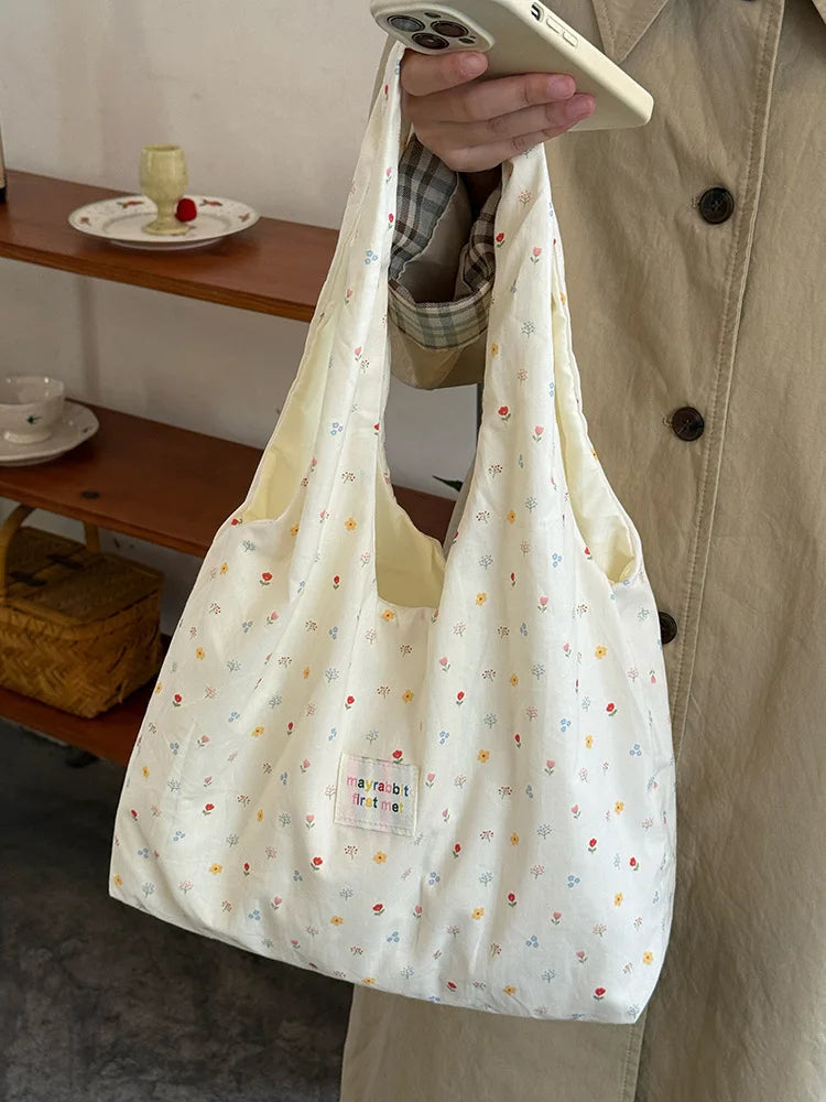 Women's Tote Bags Korean Floral Sweet Fashionable Versatile Canvas Bags