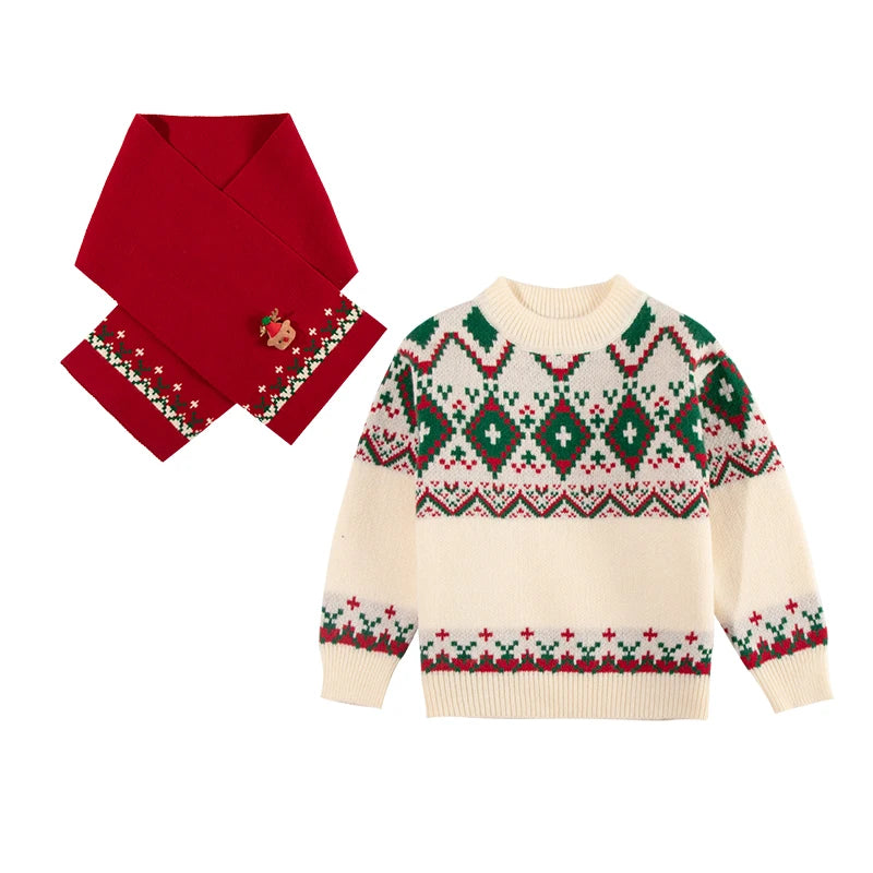 Elegant Girls Christmas Sweater with Scarf For Child New Year Knitted Clothing for Babies Kids