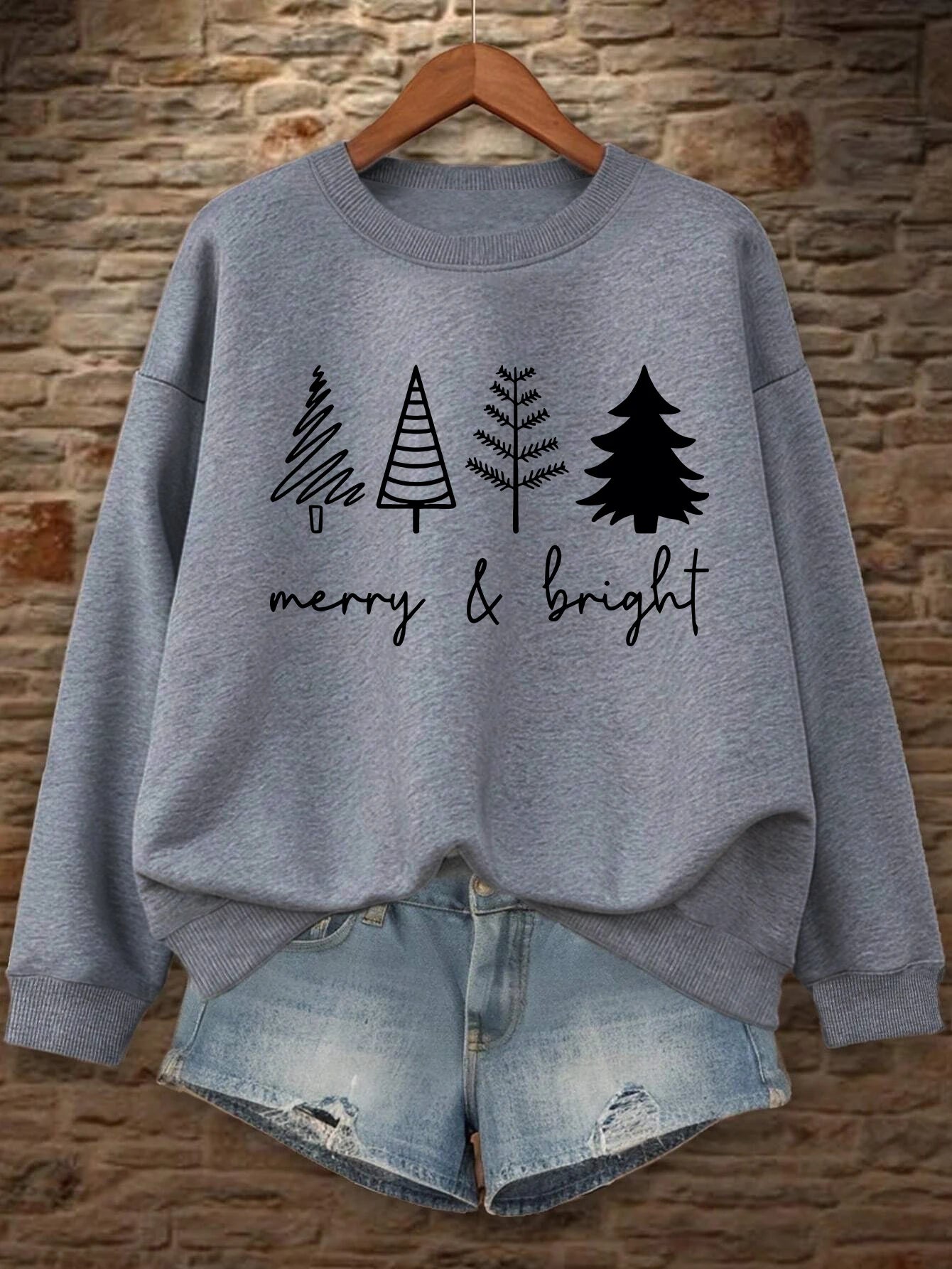 Merry Bright Christmas Tree Printing Women Sweatshirt Hip Hop Clothes